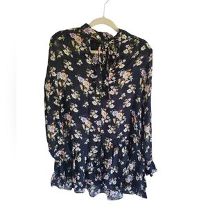 Zara Woman Tunic/Mini Dress with Neck Tie Floral and Hem Ruffle Print Size Med